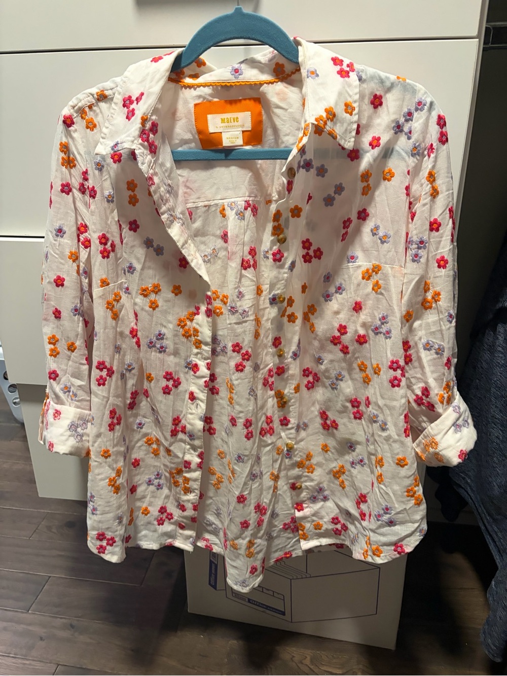 Maeve Embroidered Floral Button-Down Shirt in Cream with Pink & Orange
